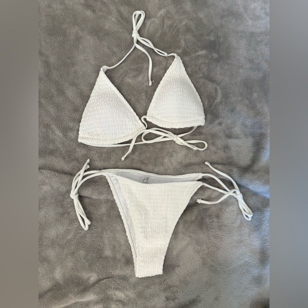 White Smocked String Bikini Top & Bottom Set